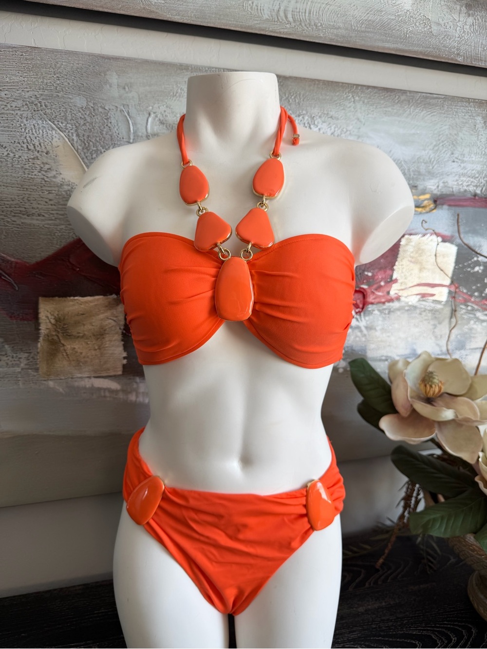 Orange Strapless Bandeau Bikini Set with Decorative Accents
